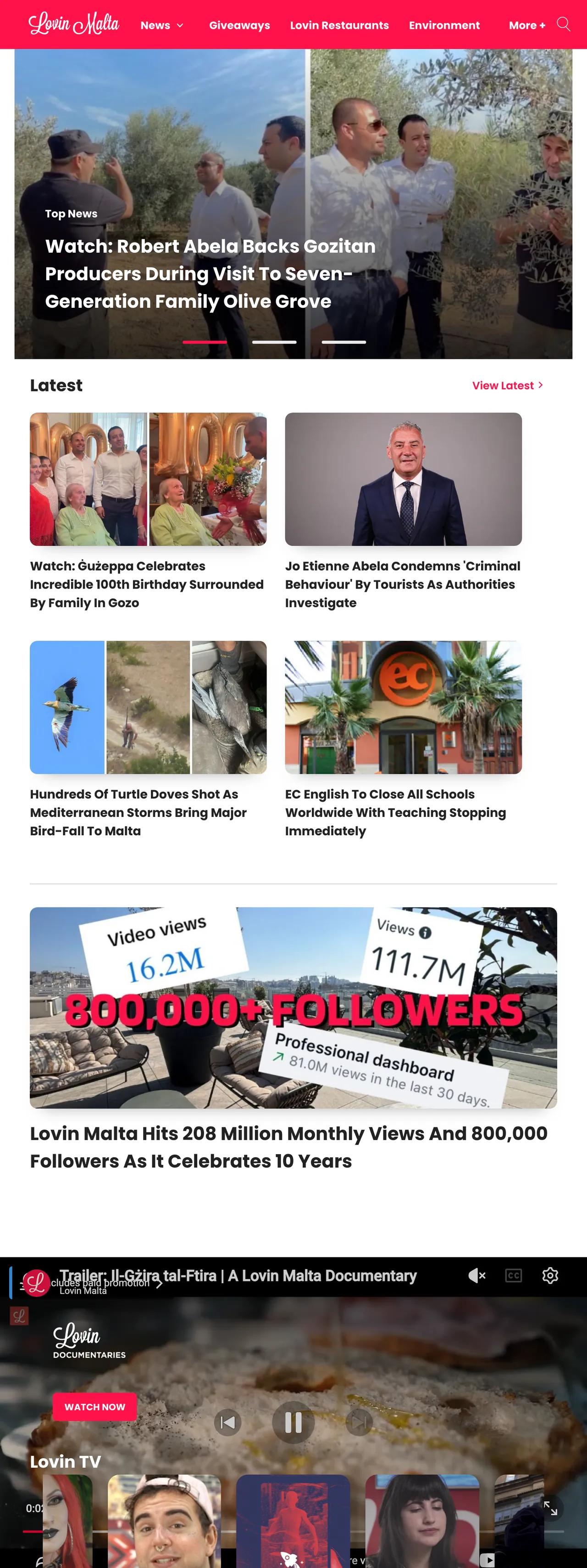 Screenshot of the Lovin Malta front page