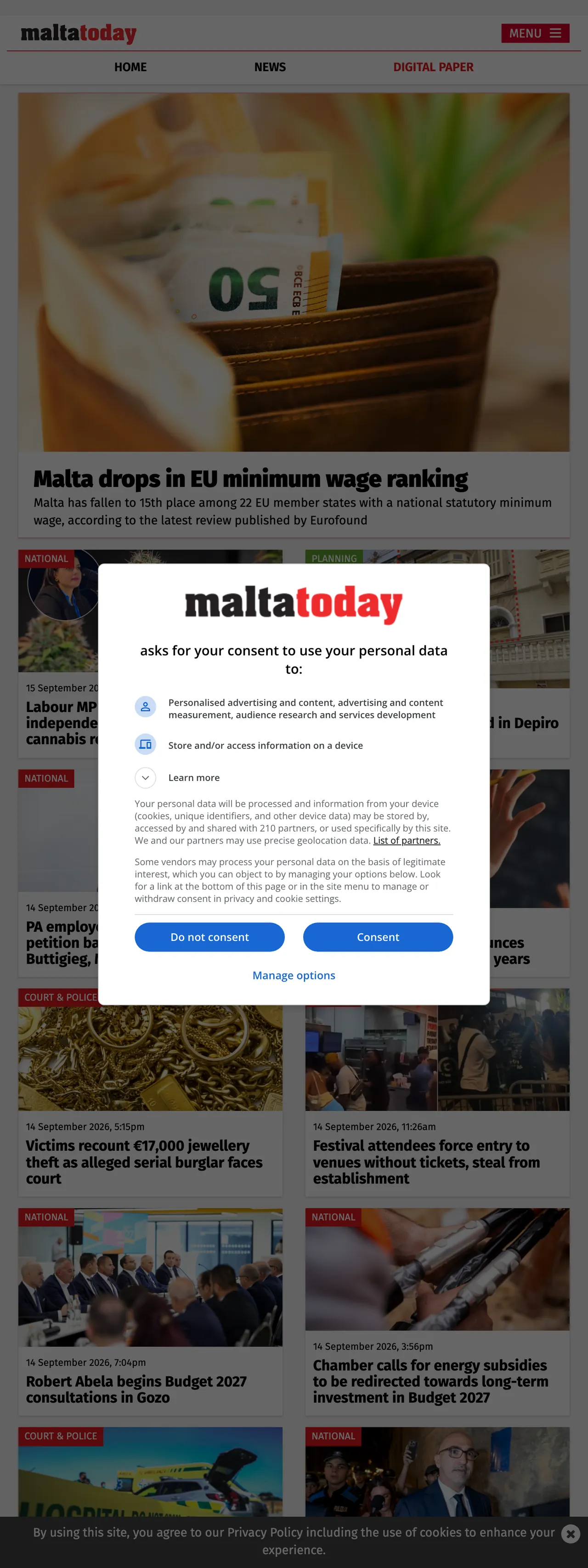 Screenshot of the Malta Today front page