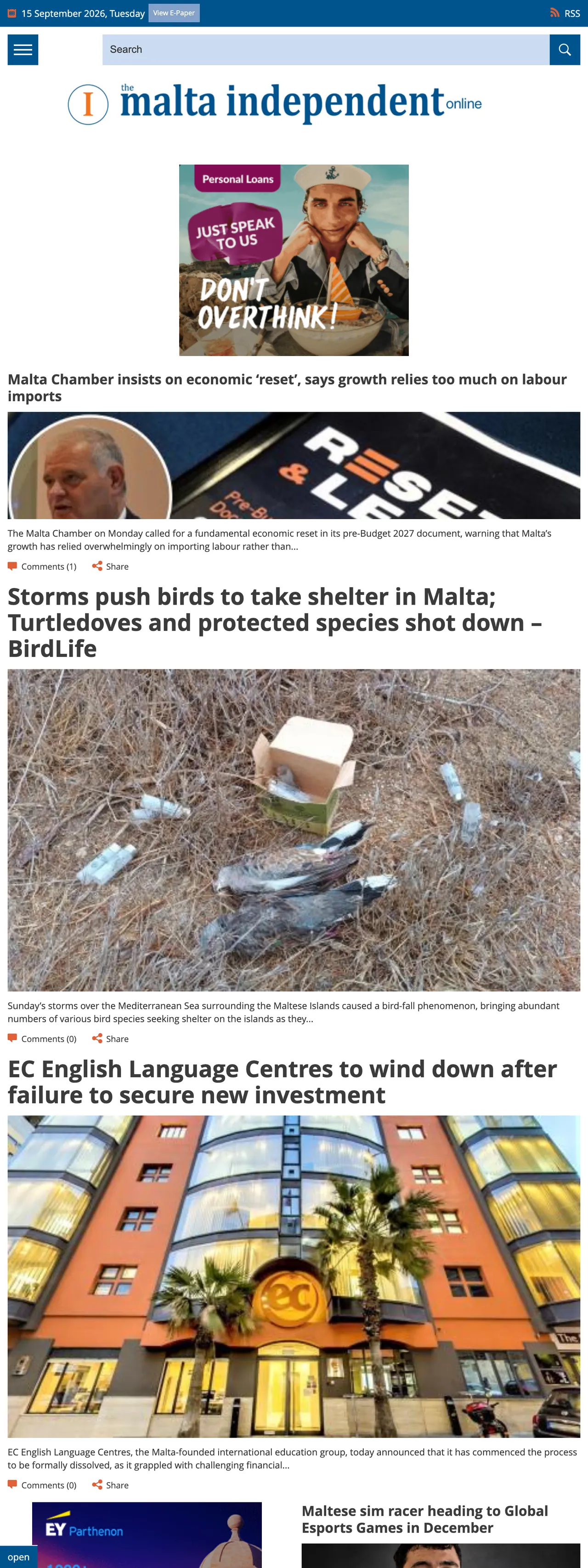 Screenshot of the The Malta Independent front page