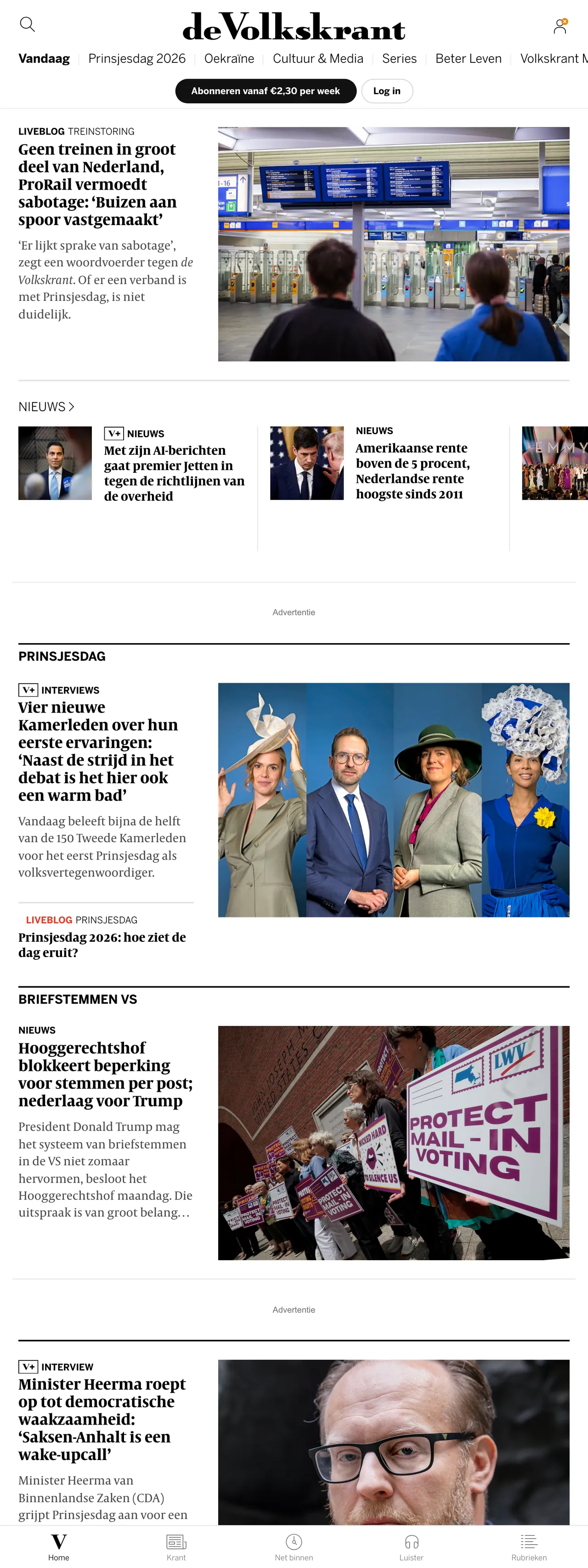 Screenshot of the de Volkskrant front page