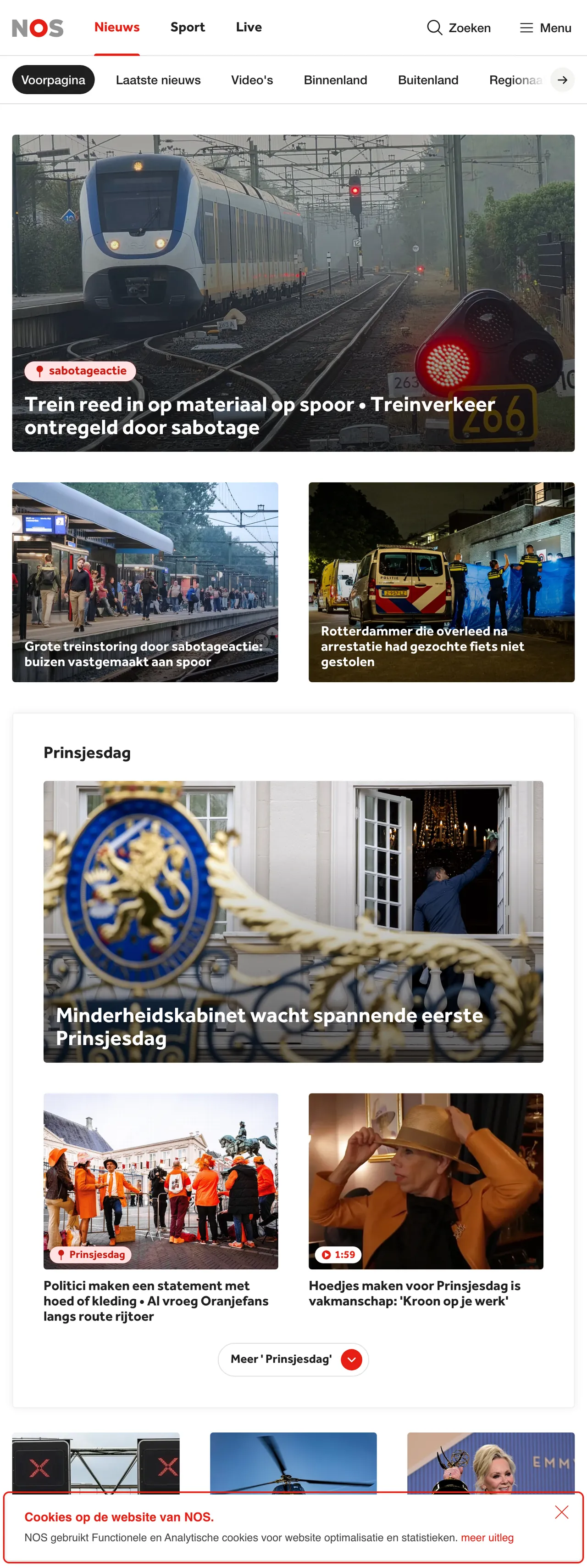 Screenshot of the NOS front page