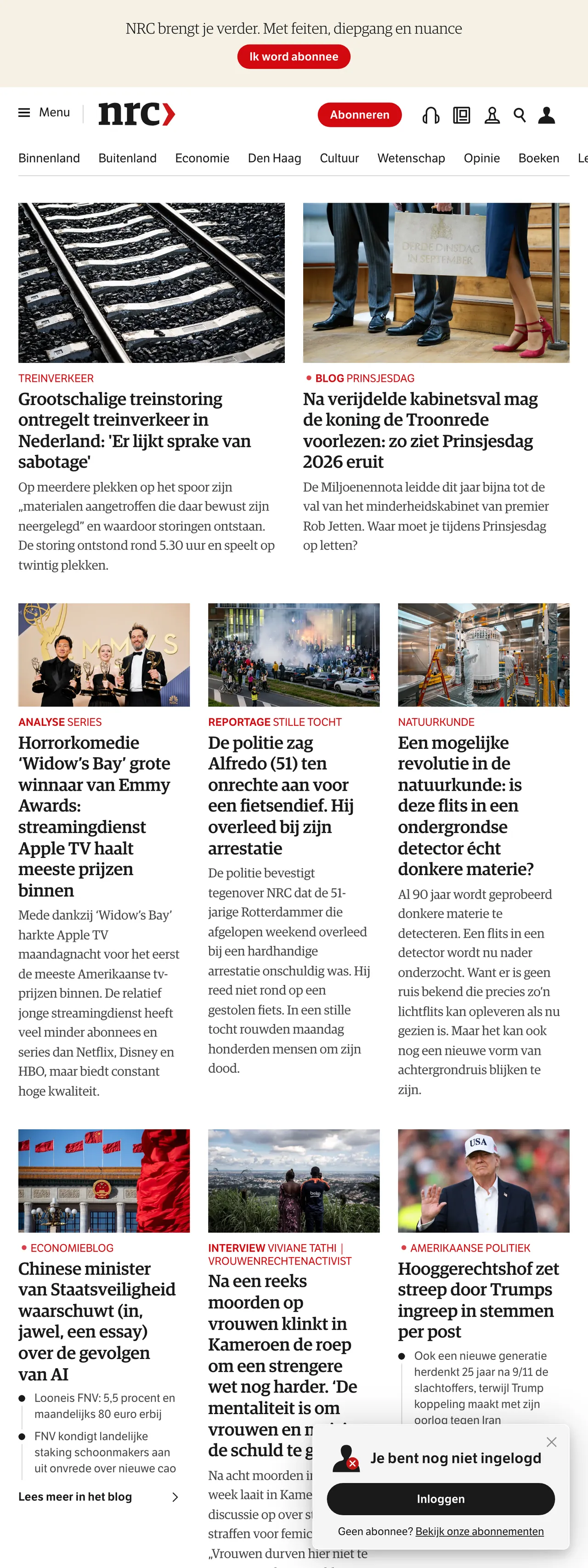 Screenshot of the NRC front page