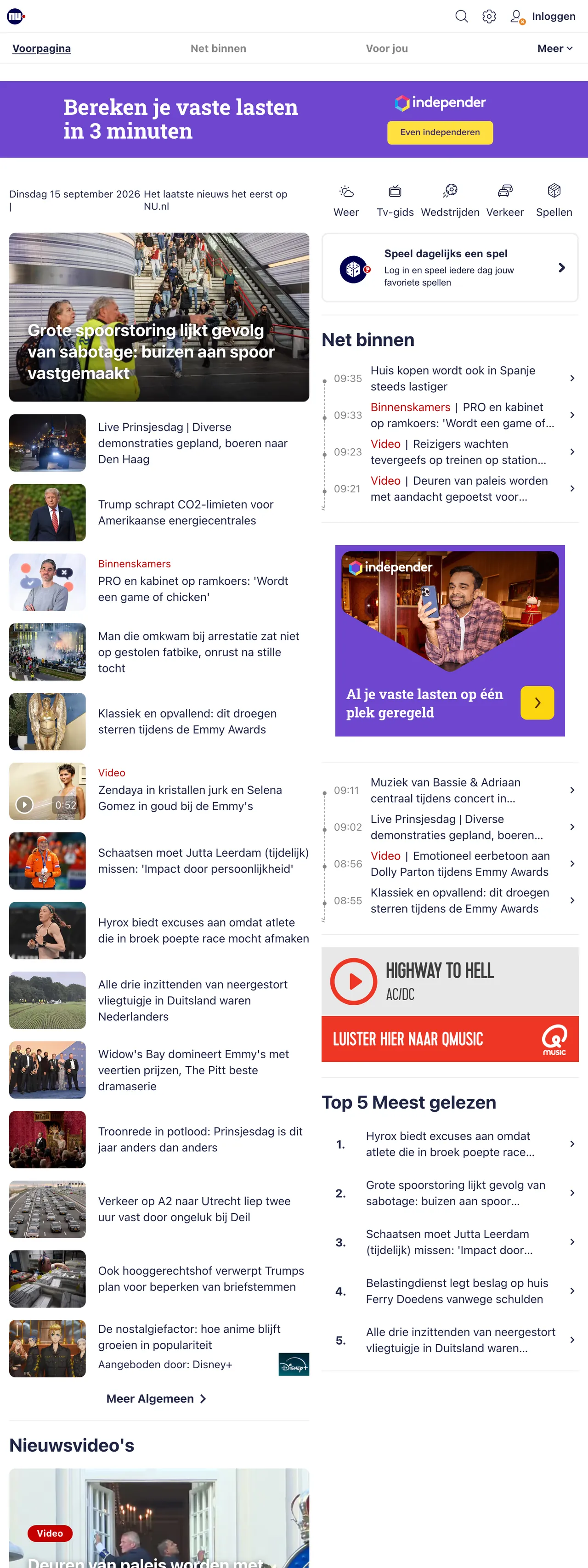 Screenshot of the NU.nl front page