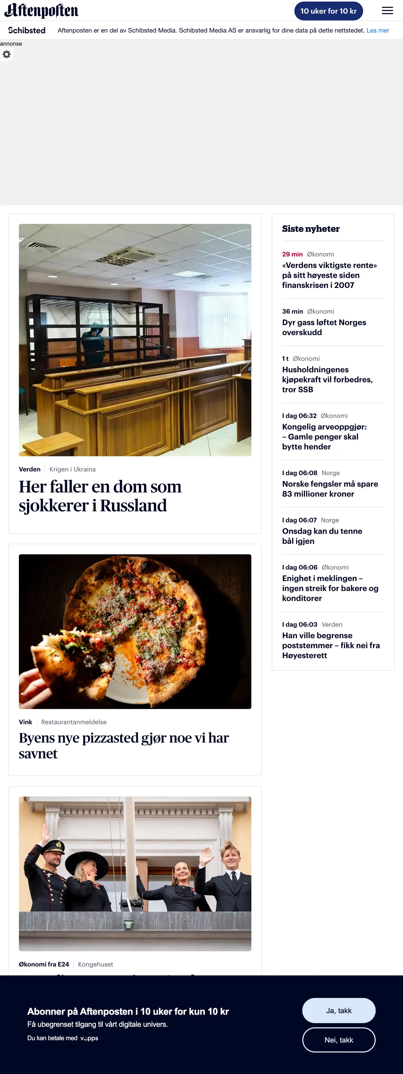 Screenshot of the Aftenposten front page