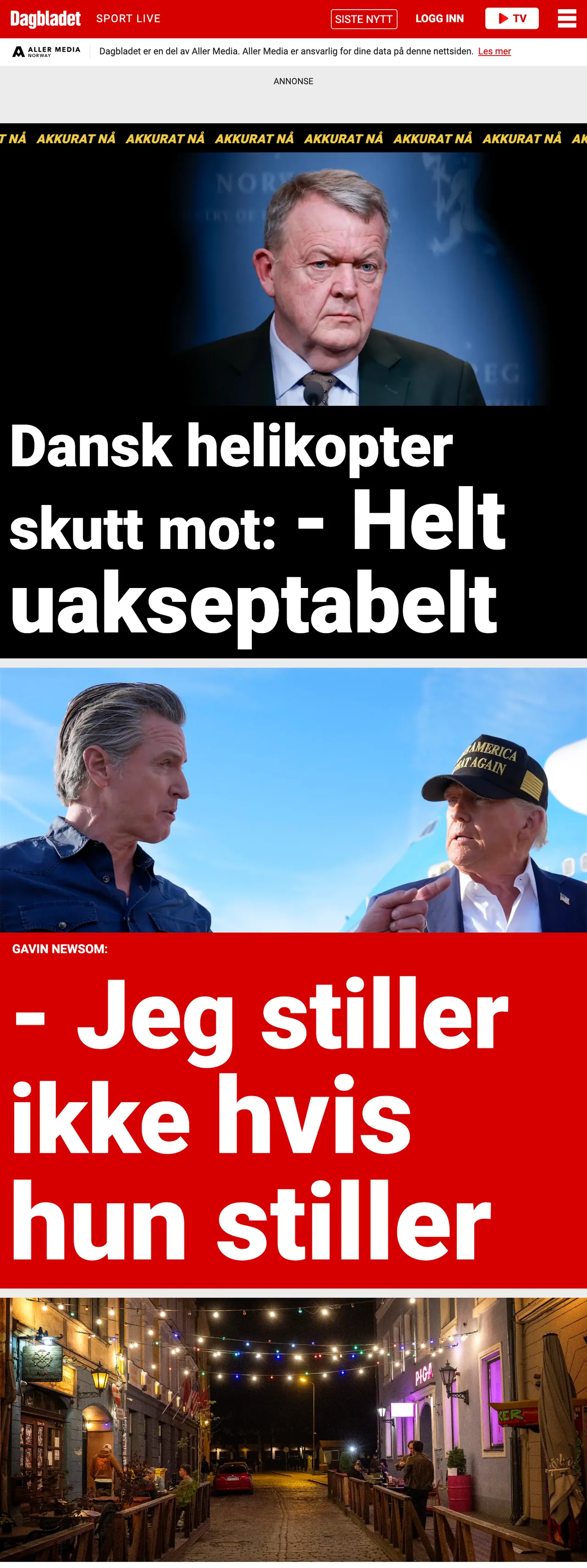 Screenshot of the Dagbladet front page