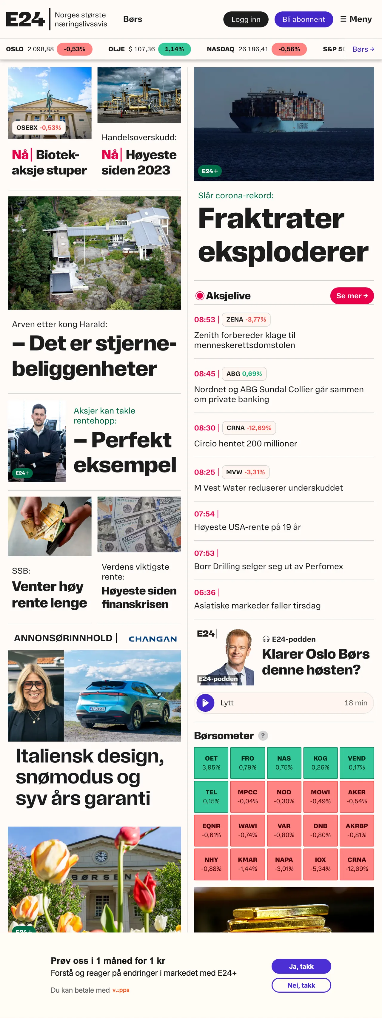 Screenshot of the E24 front page