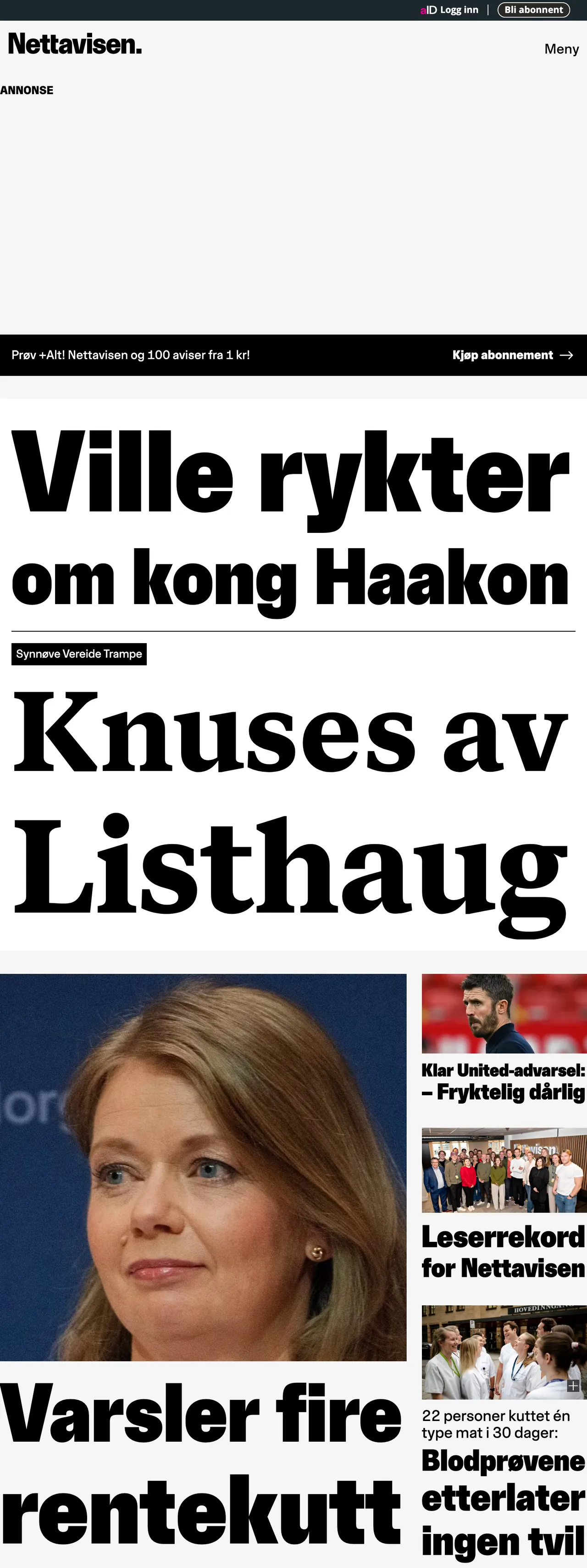 Screenshot of the Nettavisen front page