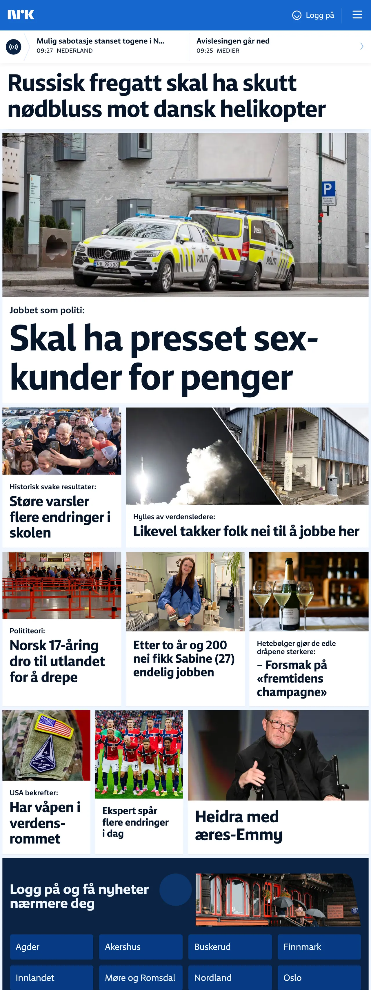 Screenshot of the NRK front page