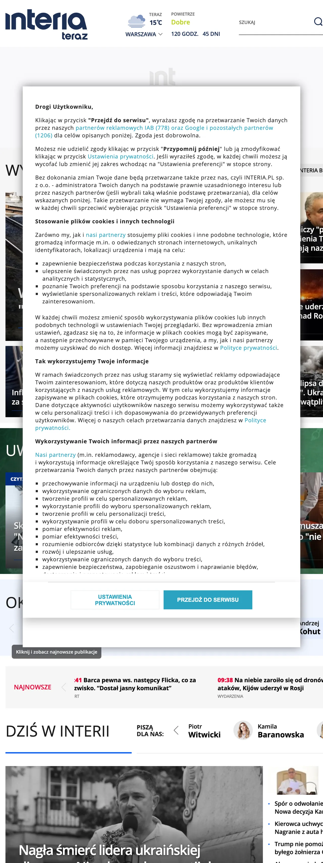 Screenshot of the Interia front page