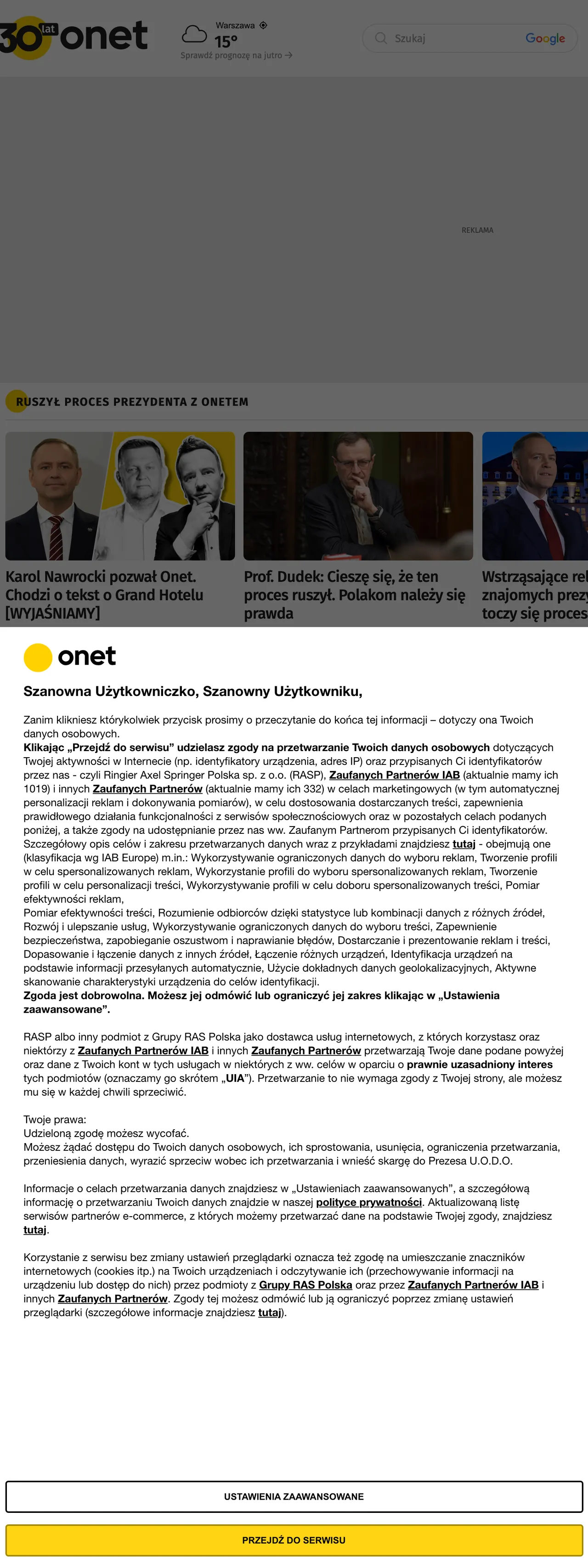 Screenshot of the Onet front page