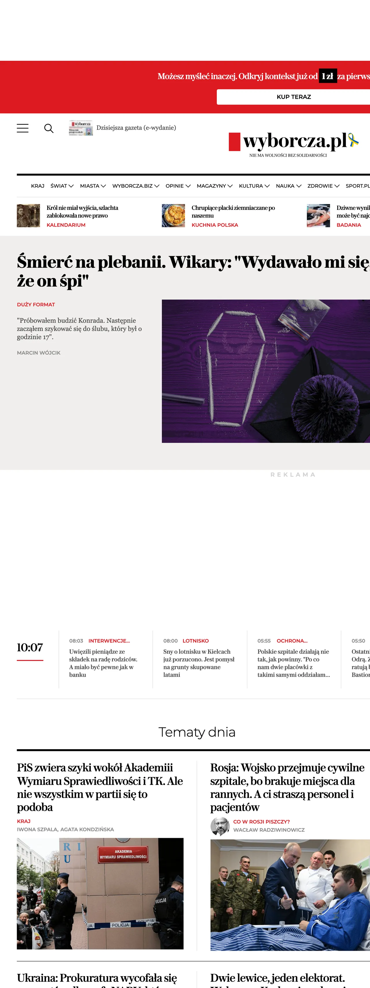 Screenshot of the Wyborcza front page