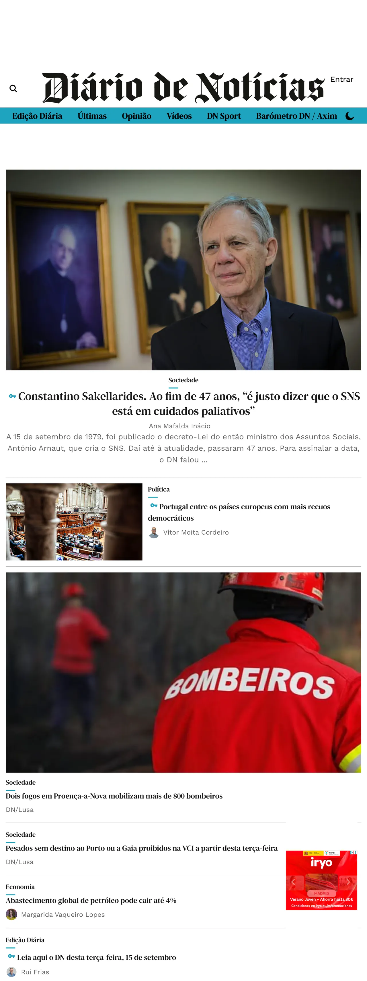 Screenshot of the Diário de Notícias front page