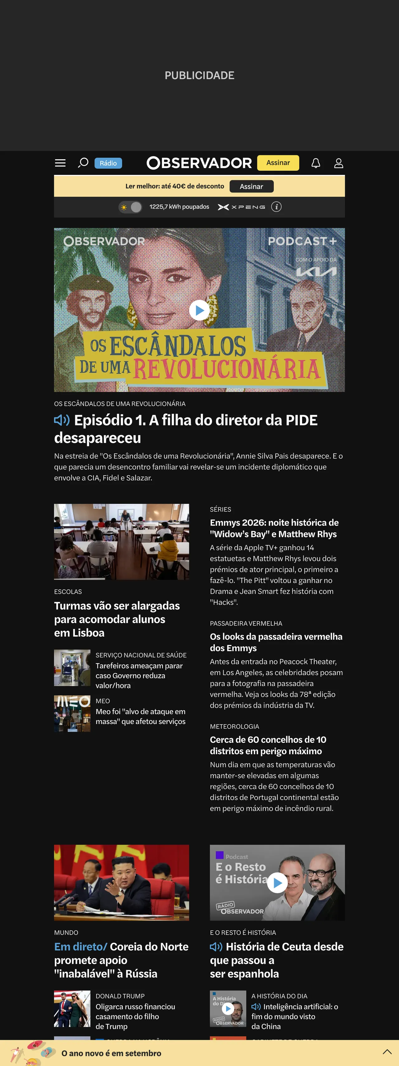 Screenshot of the Observador front page
