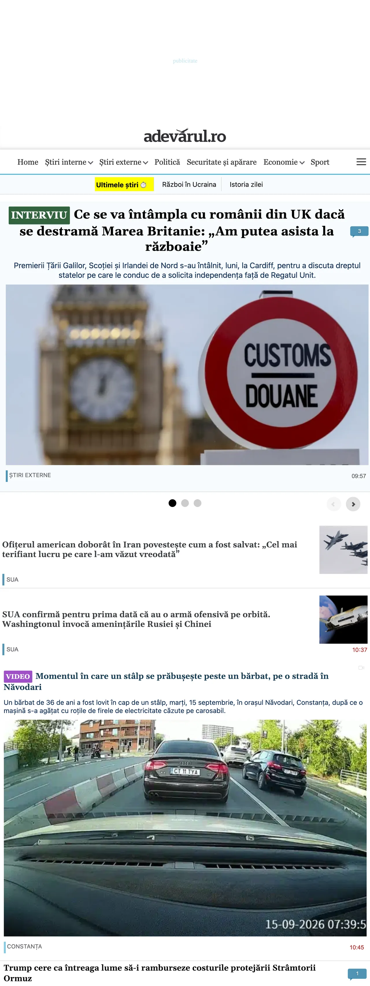 Screenshot of the Adevărul front page