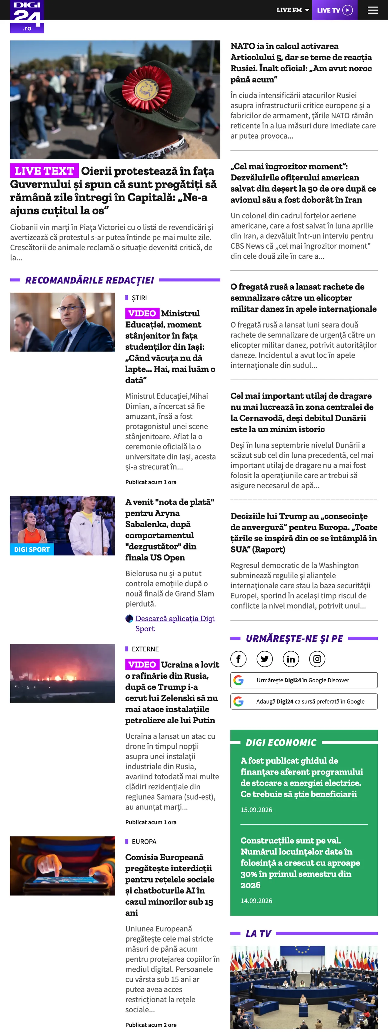 Screenshot of the Digi24 front page