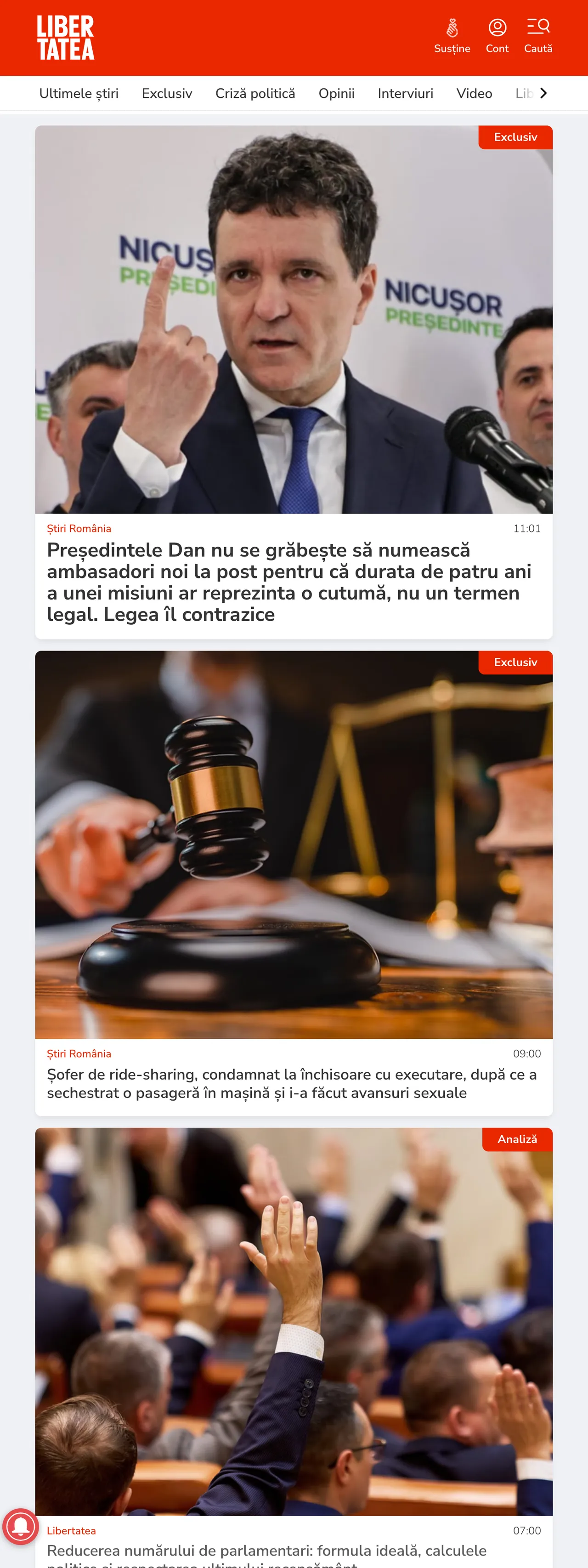 Screenshot of the Libertatea front page