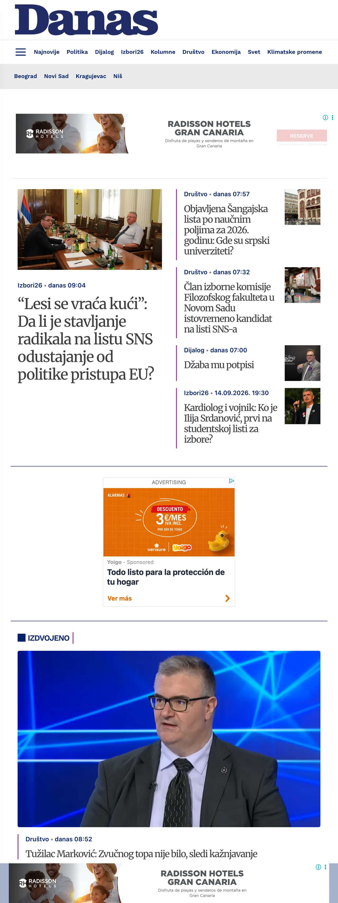 Screenshot of the Danas front page