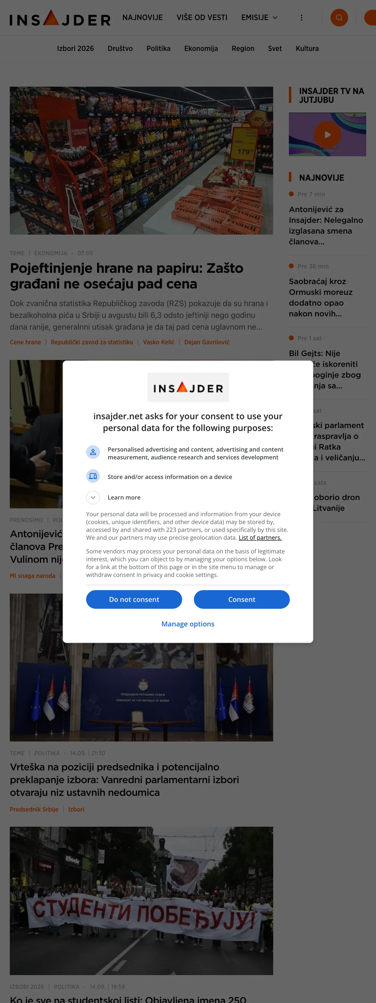 Screenshot of the Insajder front page