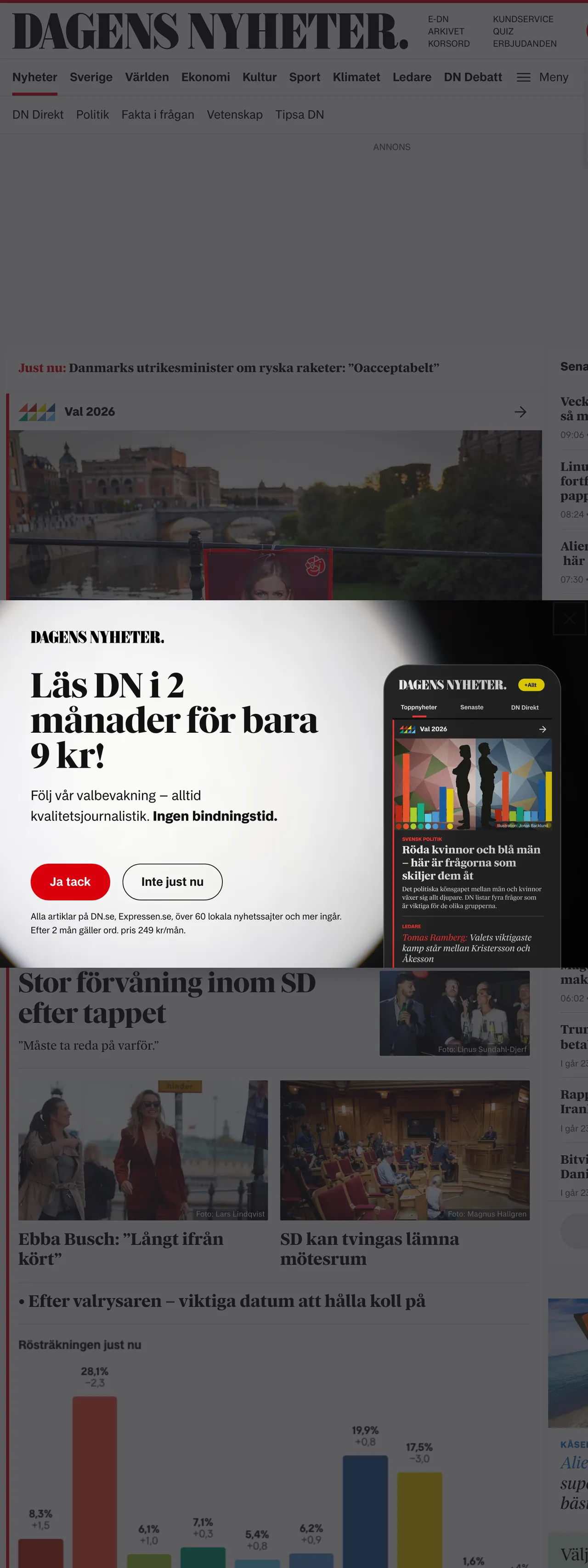 Screenshot of the Dagens Nyheter front page