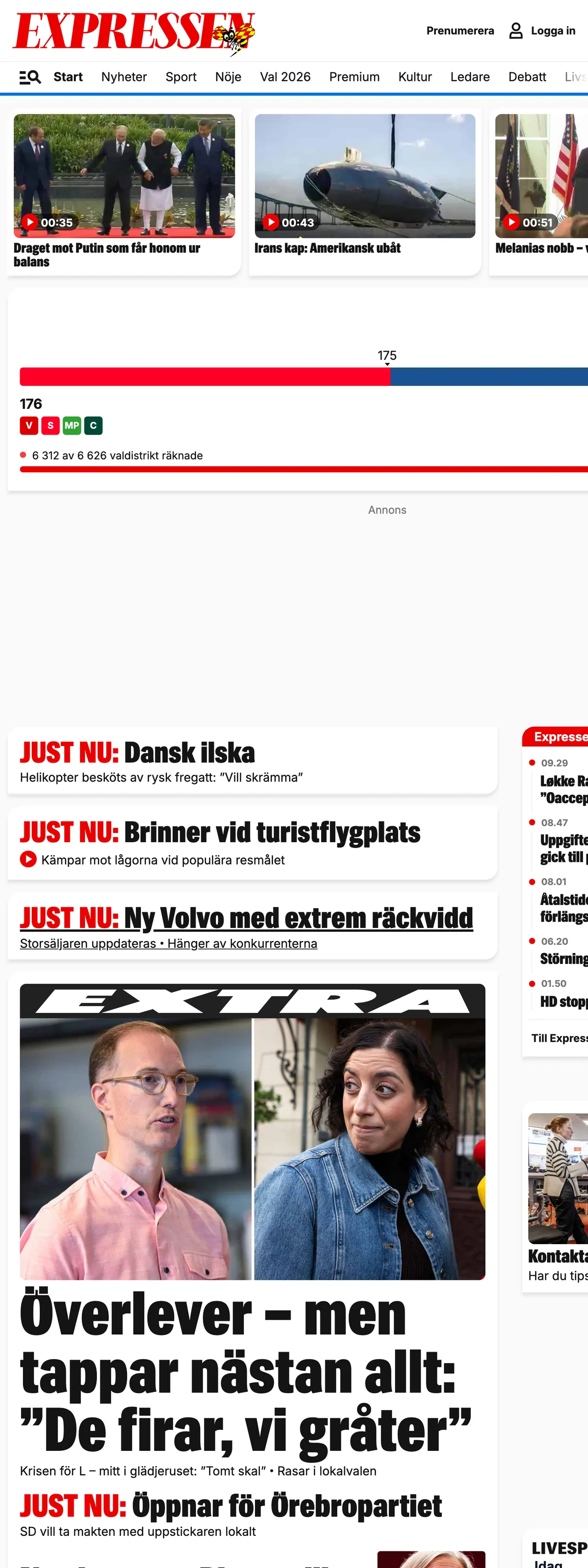 Screenshot of the Expressen front page