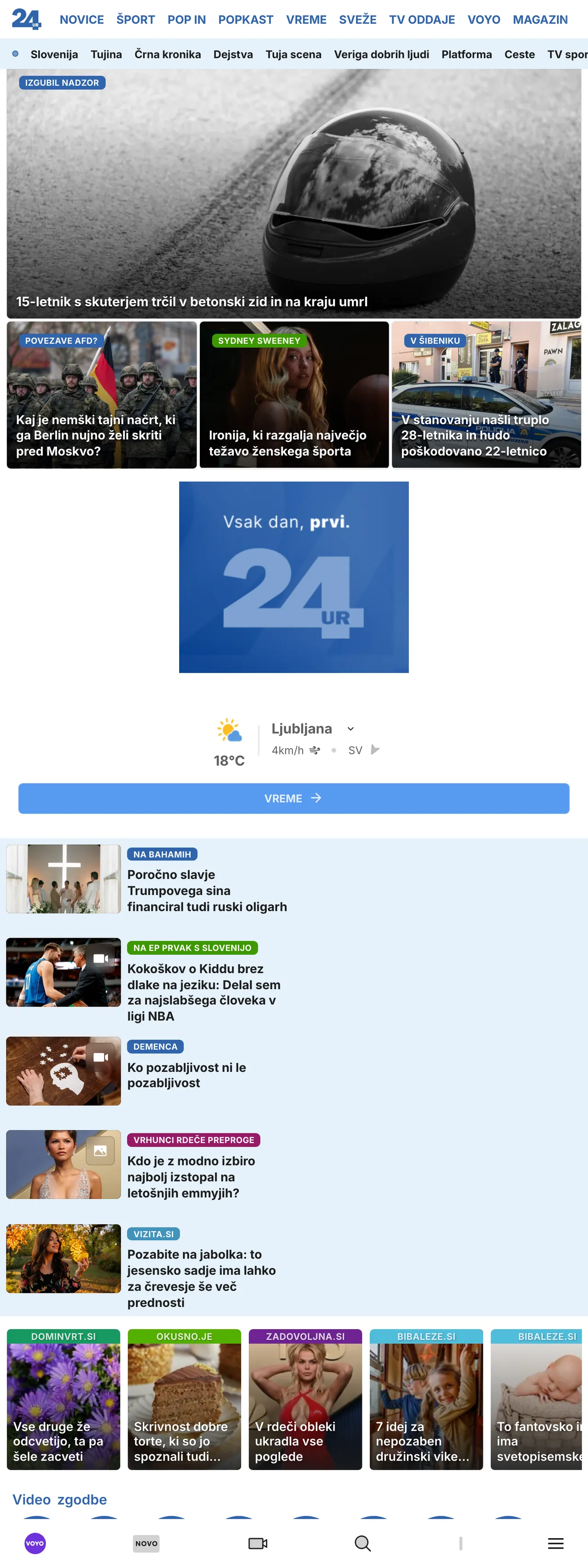 Screenshot of the 24ur front page