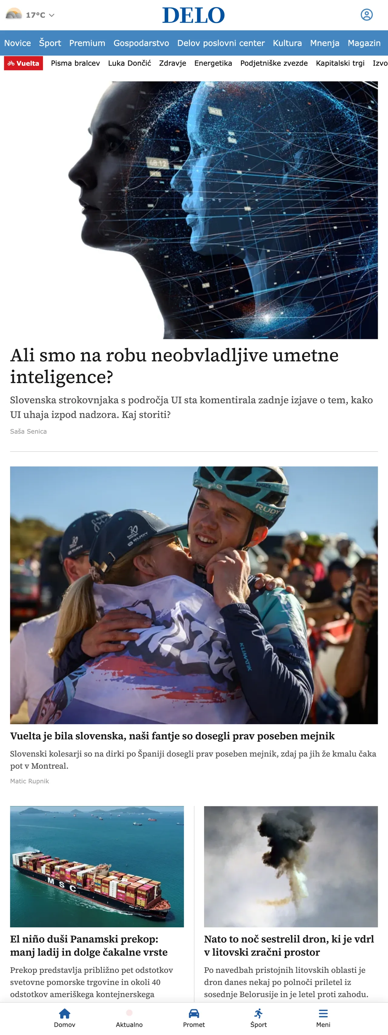 Screenshot of the Delo front page