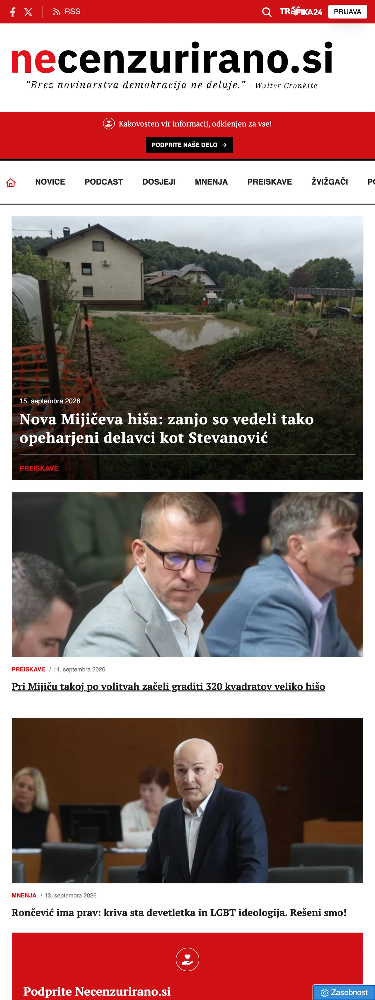 Screenshot of the Necenzurirano front page