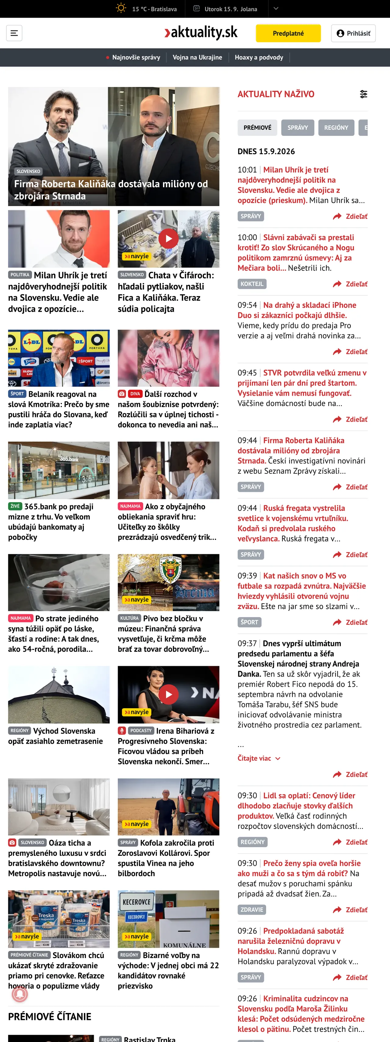 Screenshot of the Aktuality.sk front page