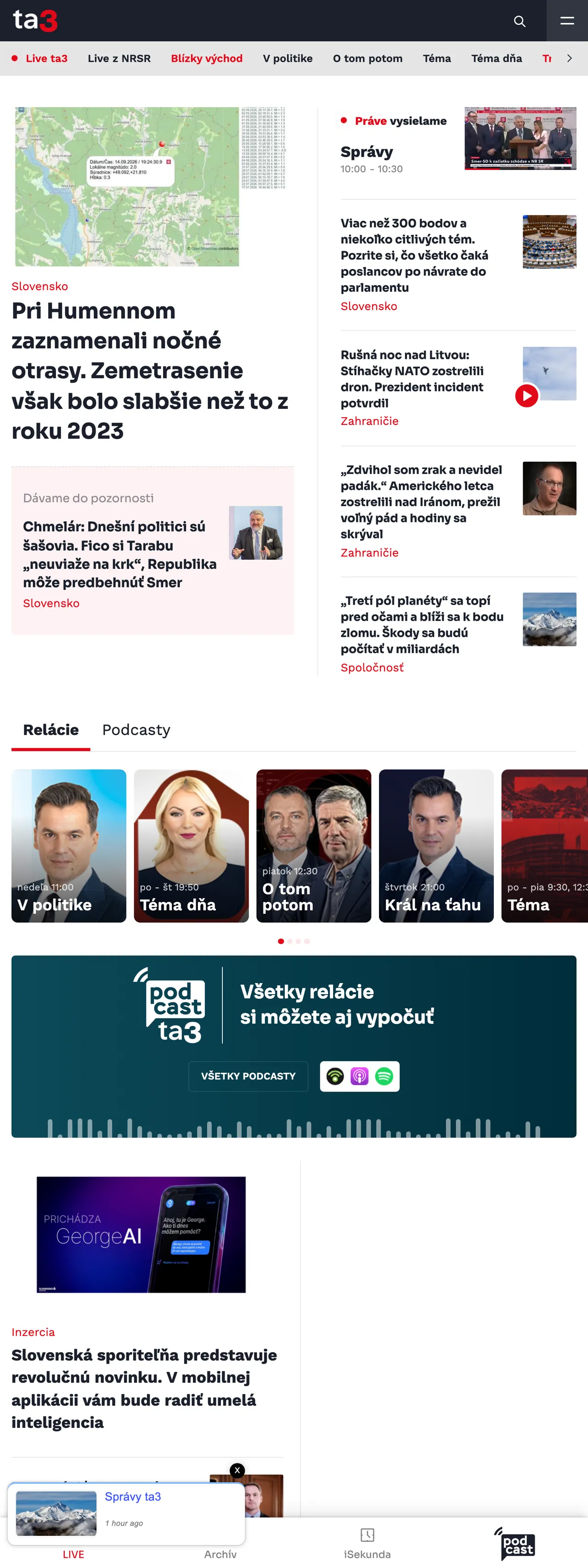 Screenshot of the TA3 front page