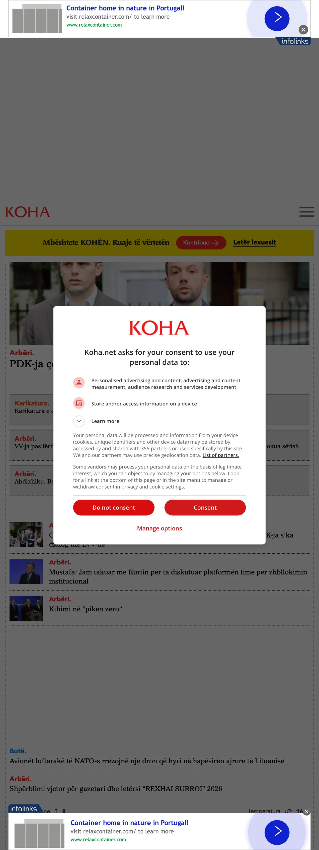 Screenshot of the Koha Ditore front page