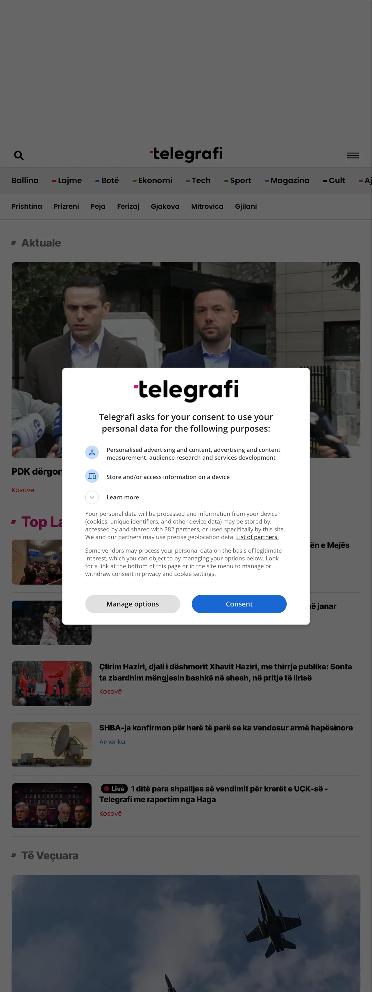 Screenshot of the Telegrafi front page