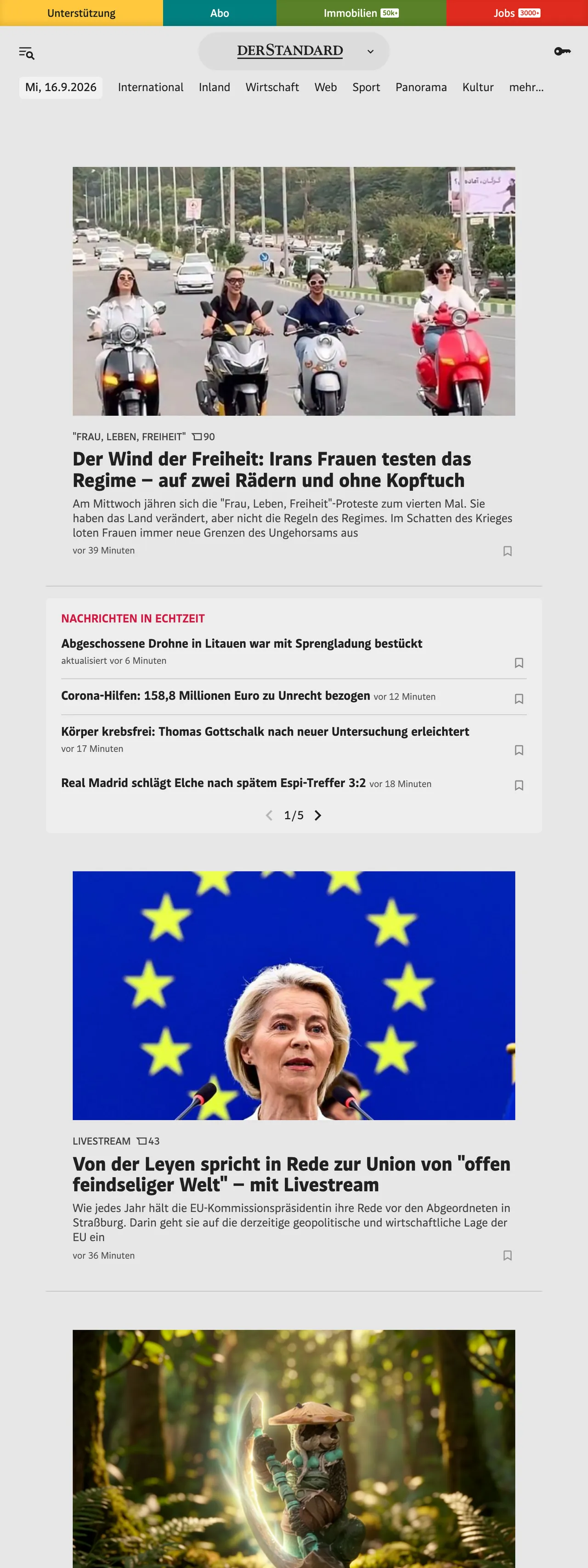 Screenshot of the DER STANDARD front page