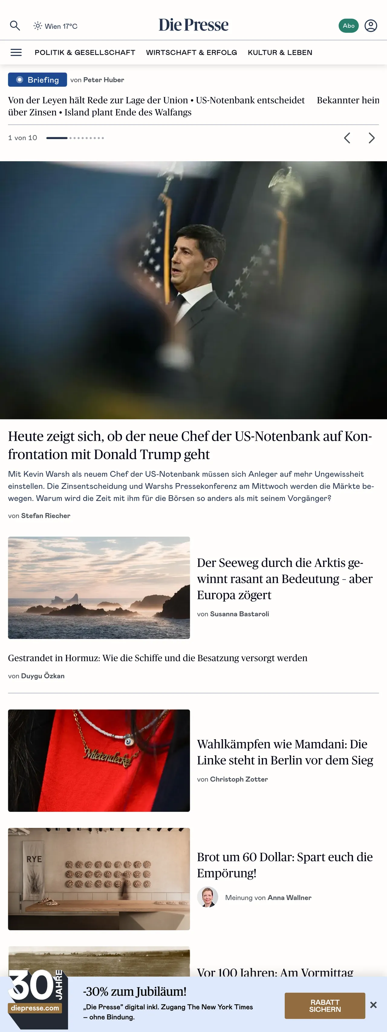 Screenshot of the Die Presse front page