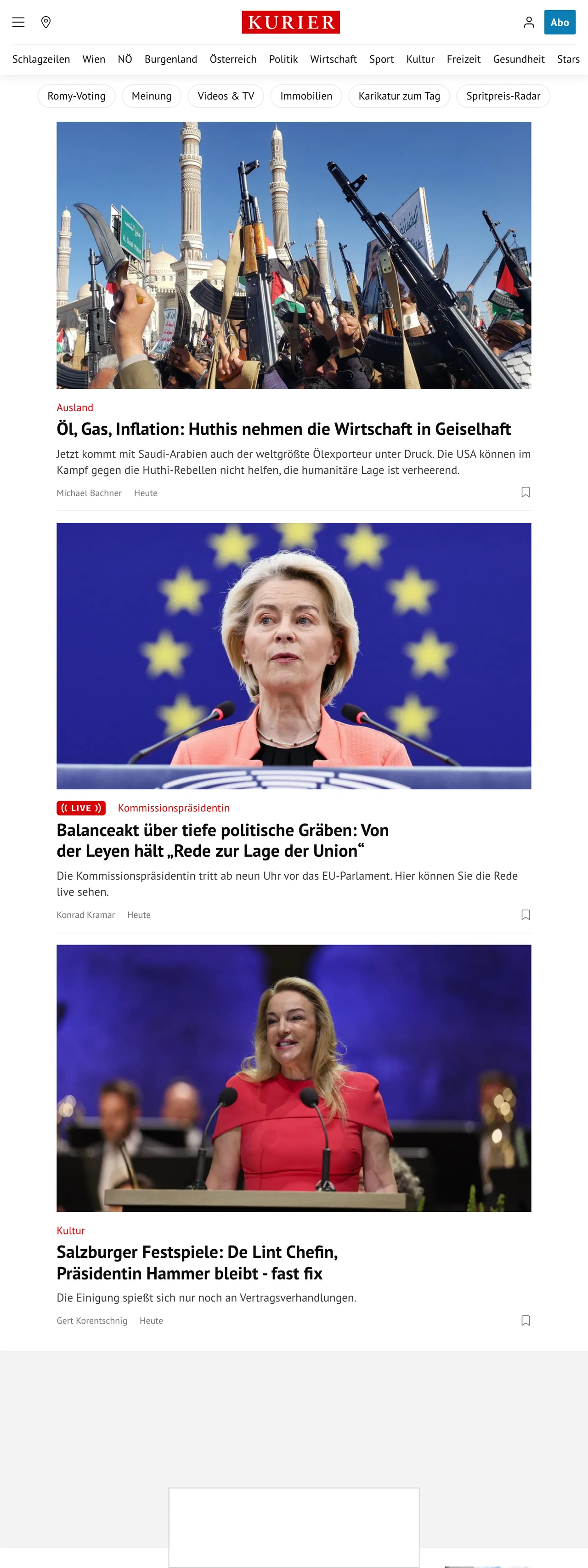 Screenshot of the Kurier front page