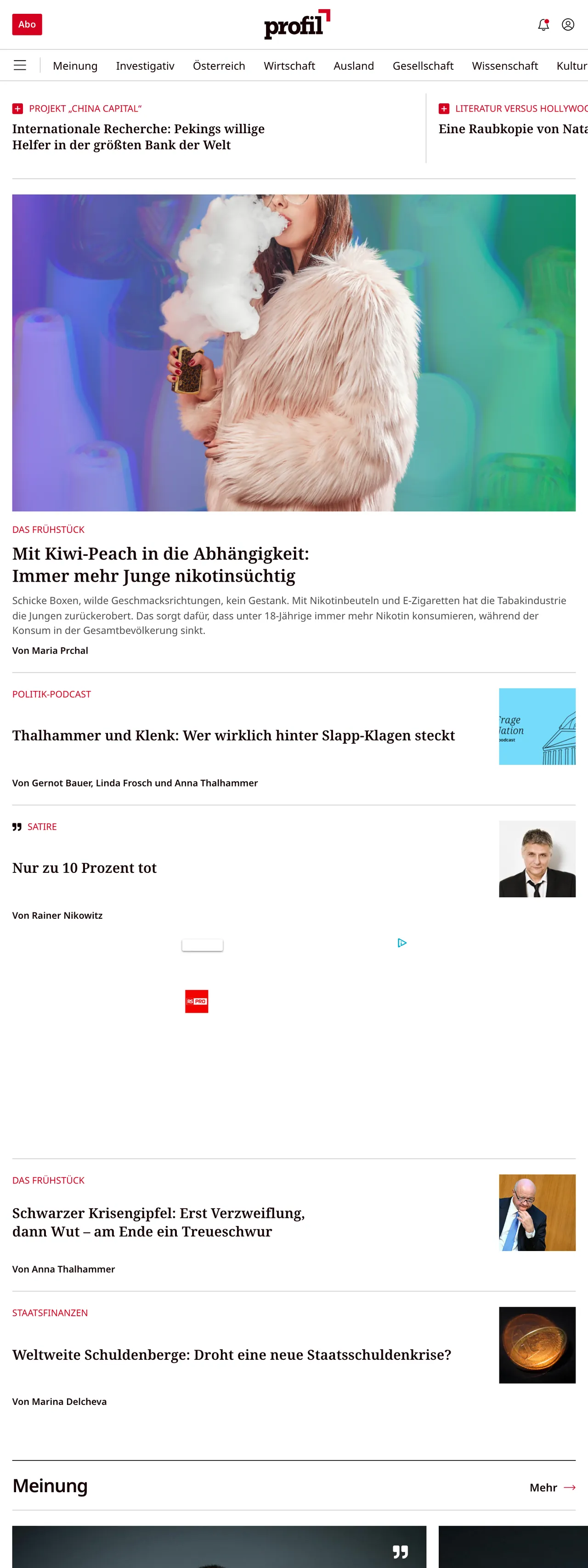 Screenshot of the profil front page