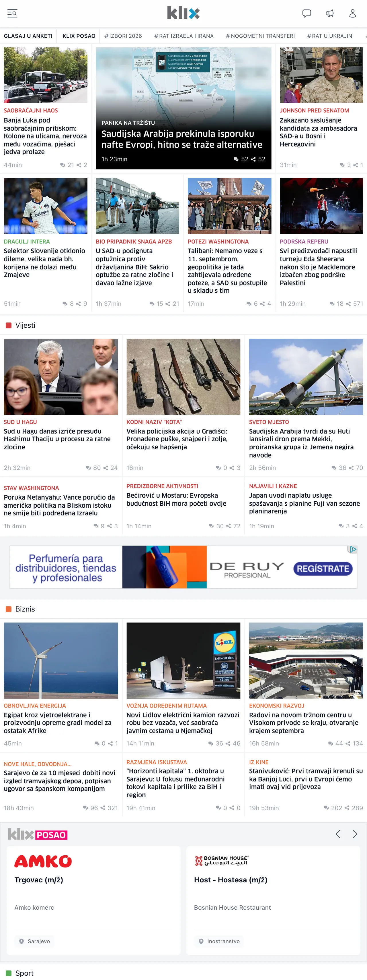 Screenshot of the Klix.ba front page