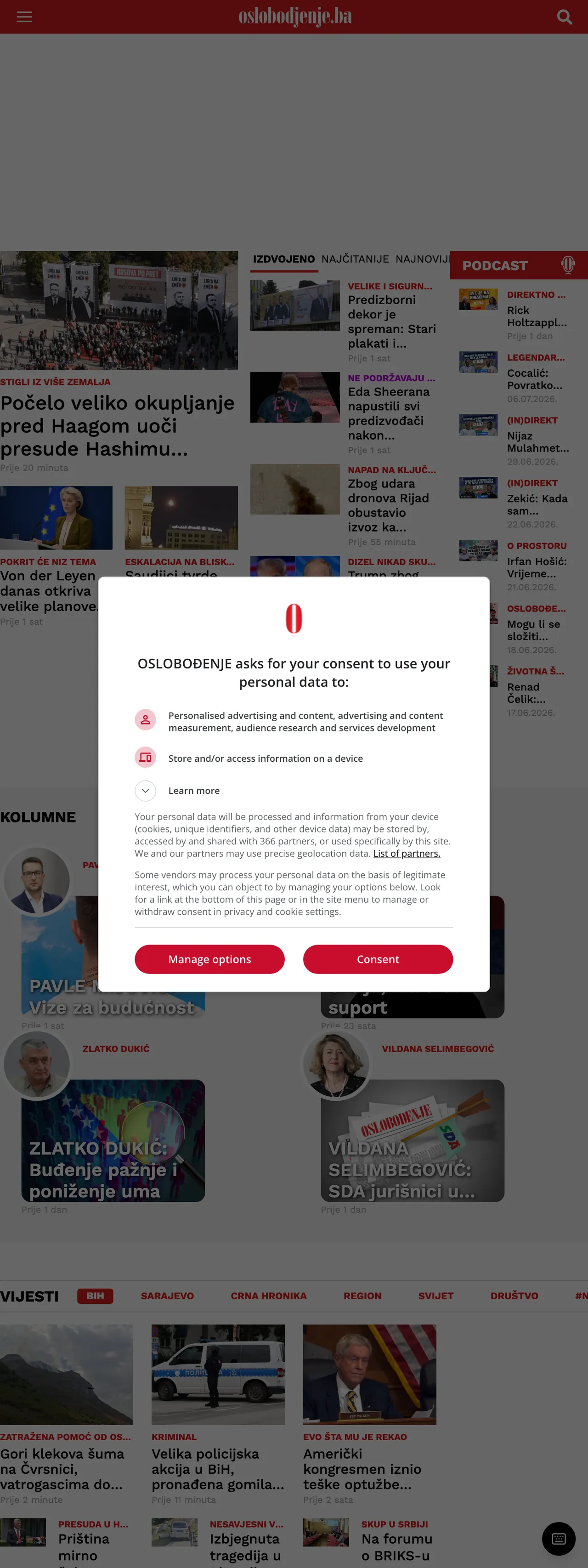 Screenshot of the Oslobođenje front page