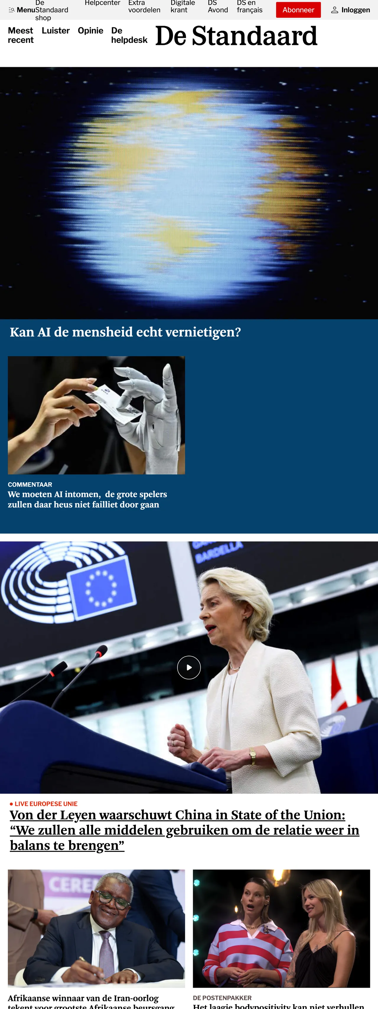 Screenshot of the De Standaard front page