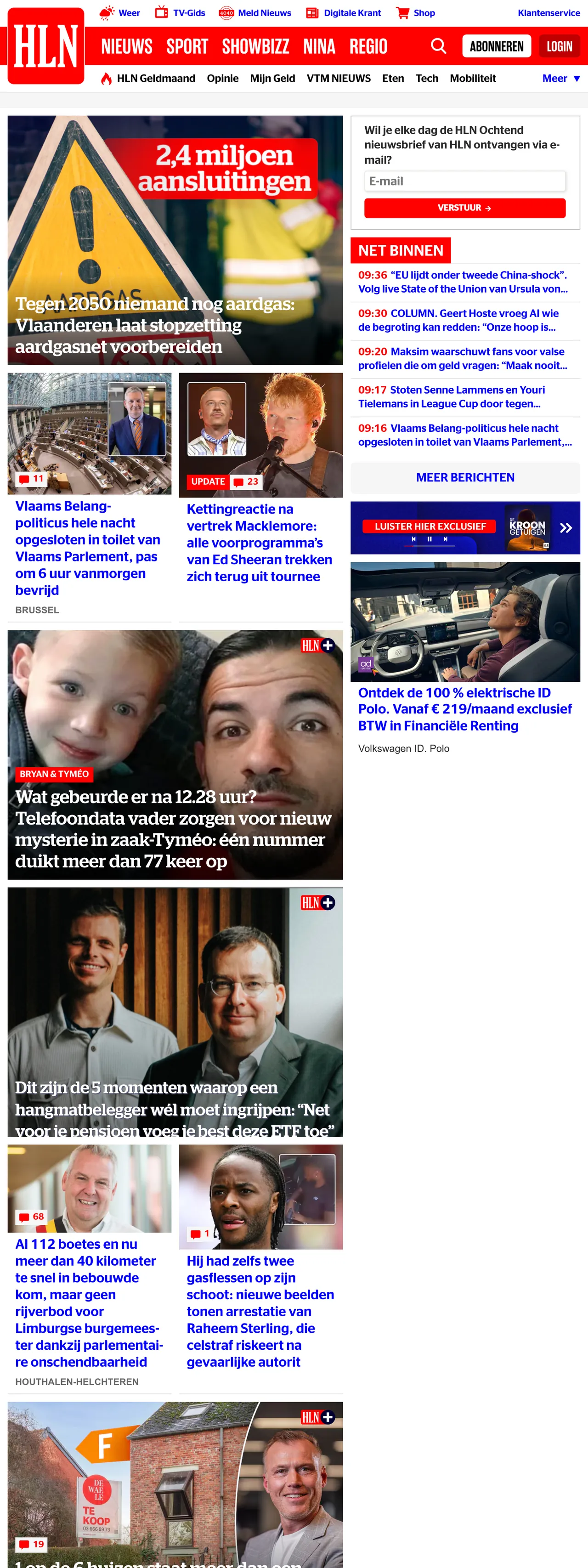 Screenshot of the HLN front page