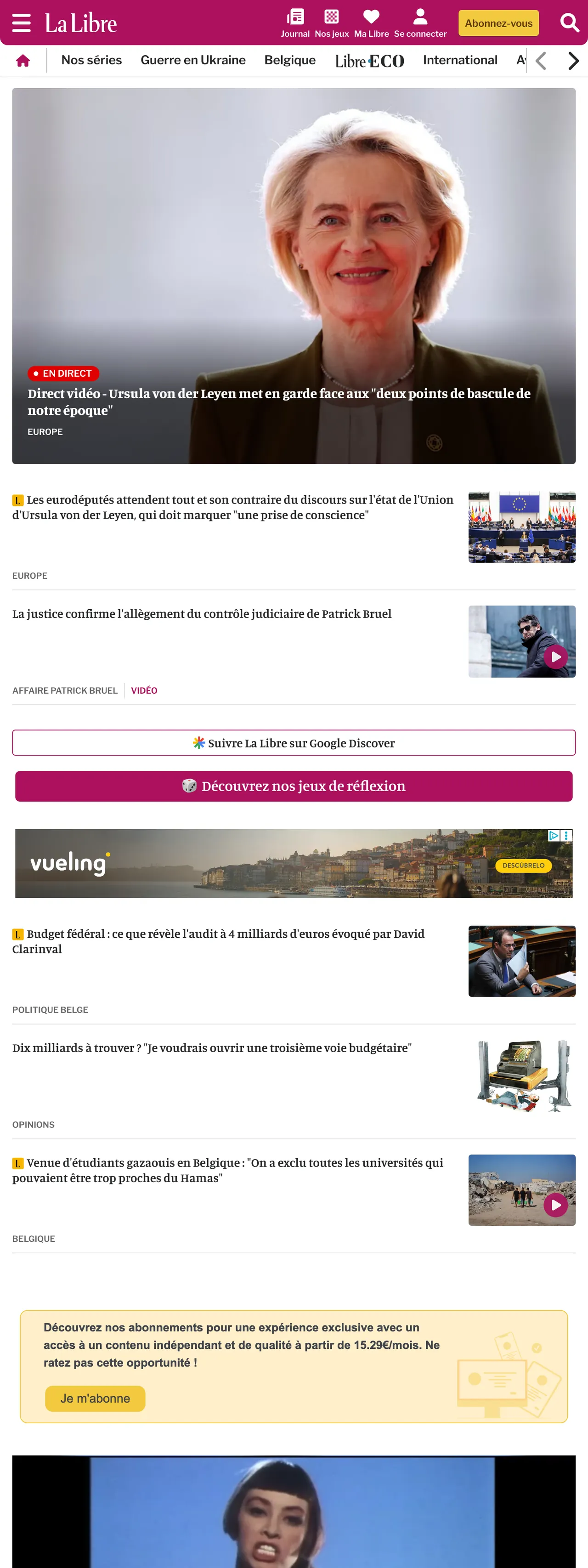 Screenshot of the La Libre front page