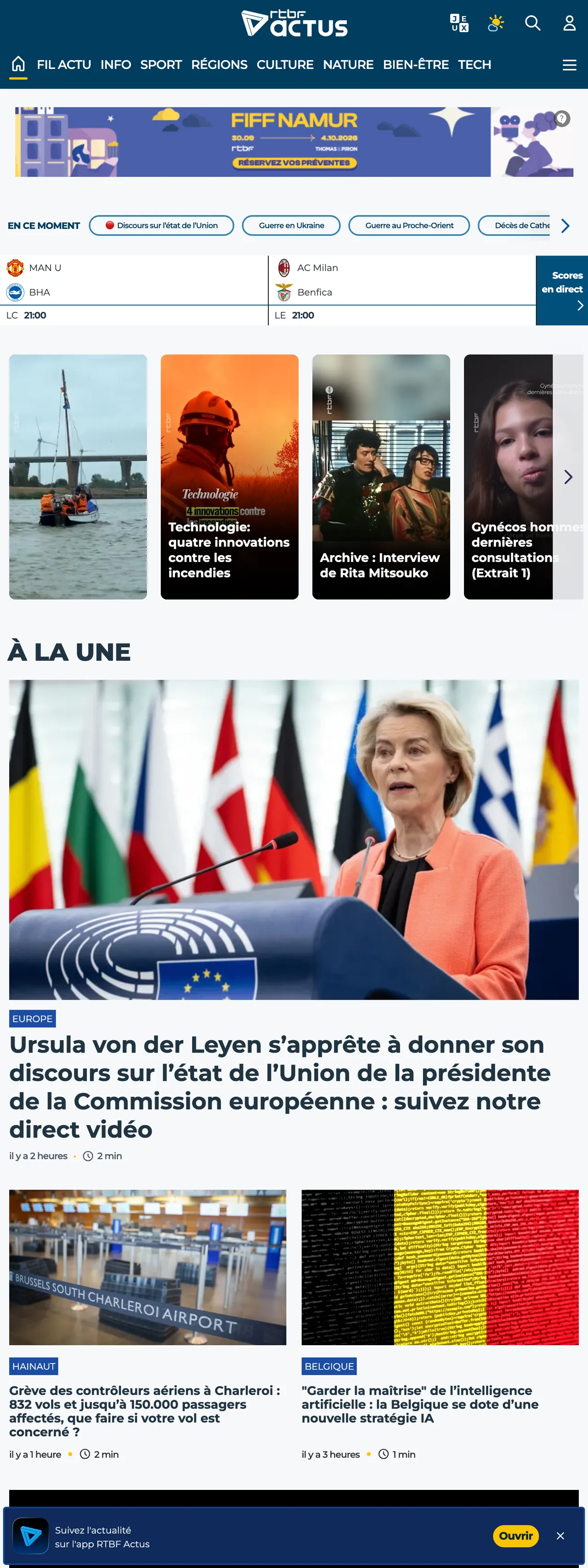 Screenshot of the RTBF front page