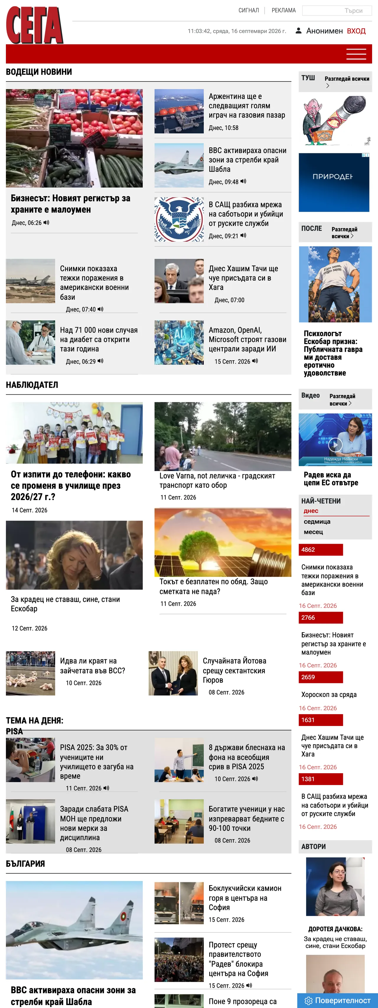 Screenshot of the Sega front page