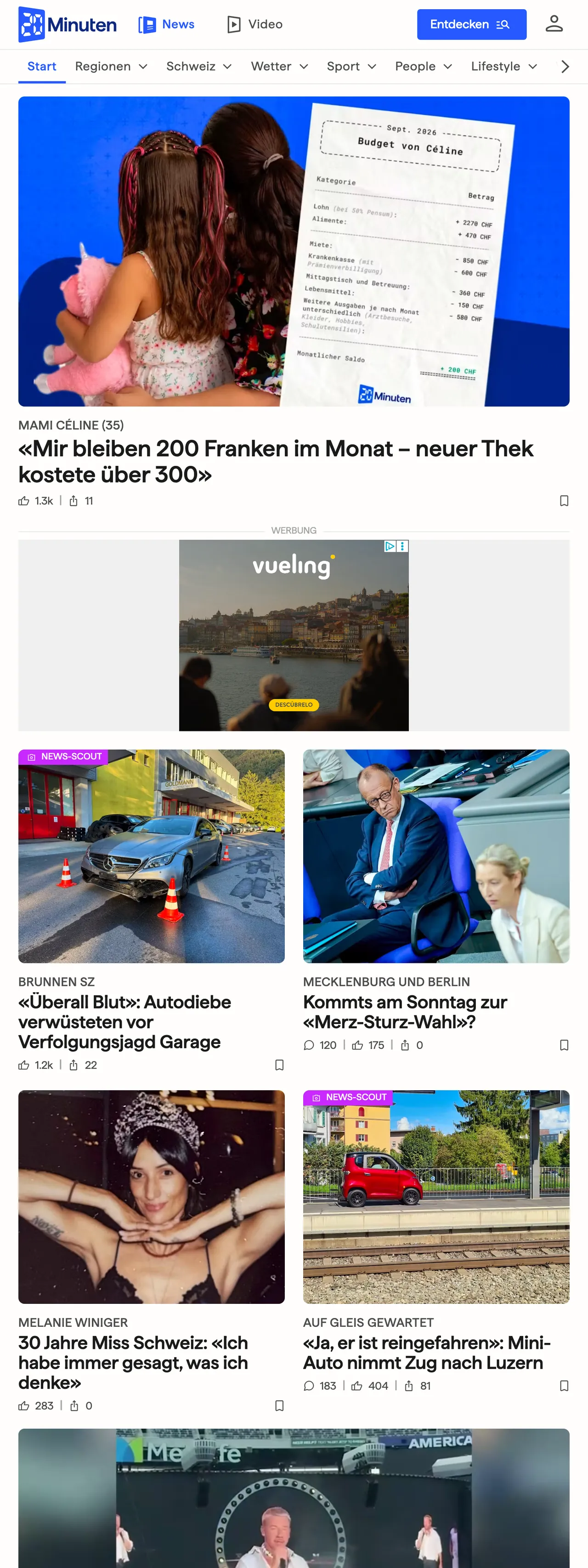 Screenshot of the 20 Minuten front page