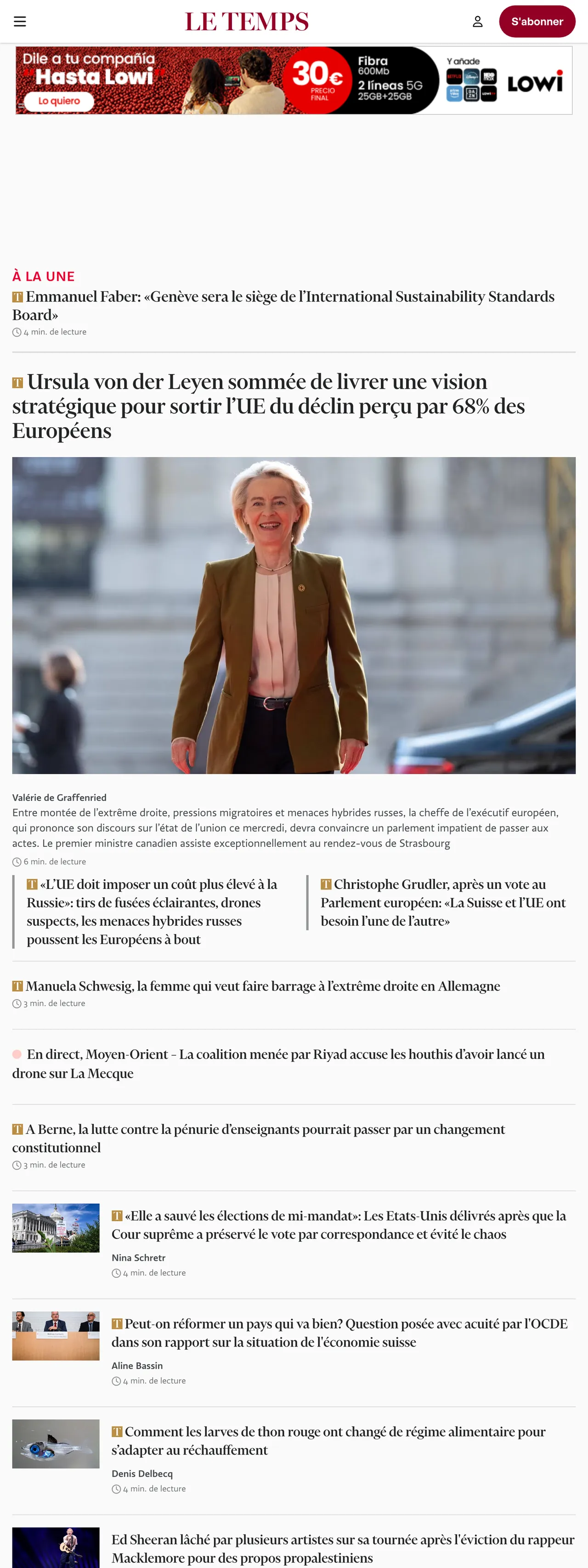 Screenshot of the Le Temps front page