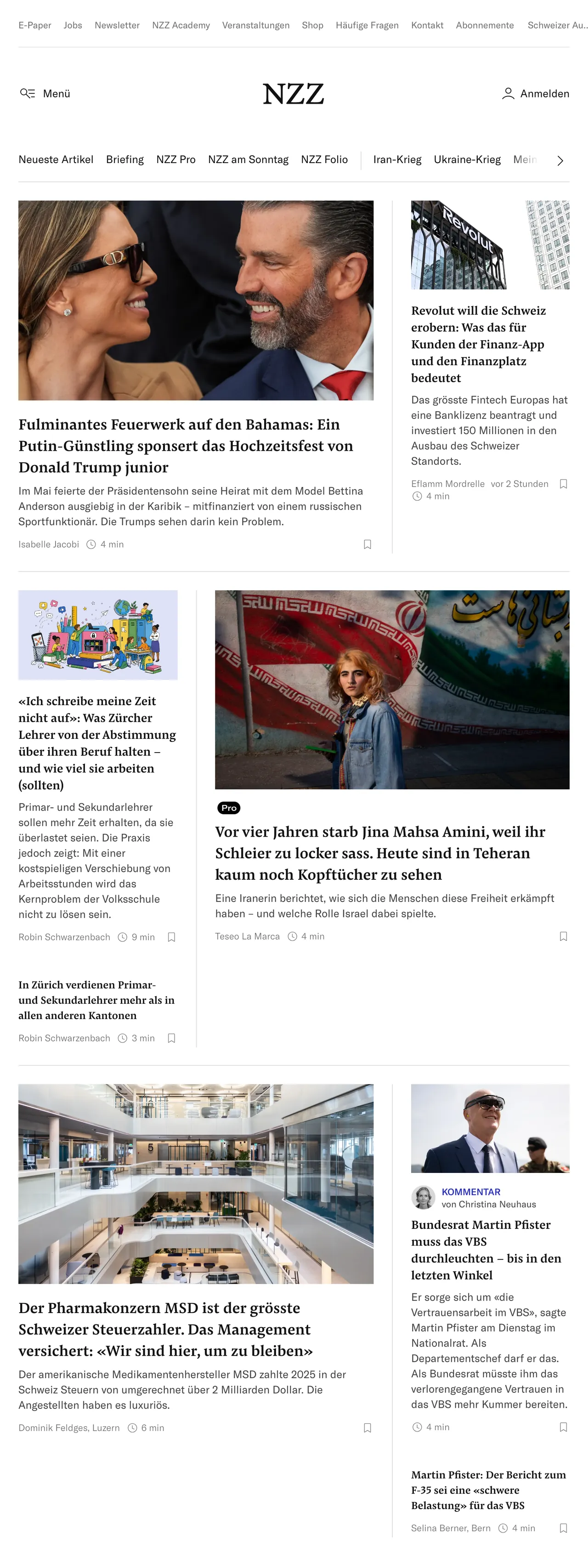 Screenshot of the Neue Zürcher Zeitung front page