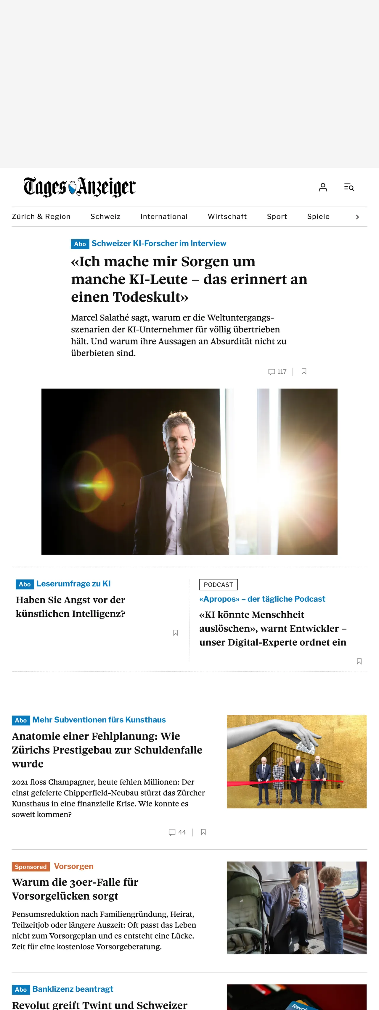 Screenshot of the Tages-Anzeiger front page