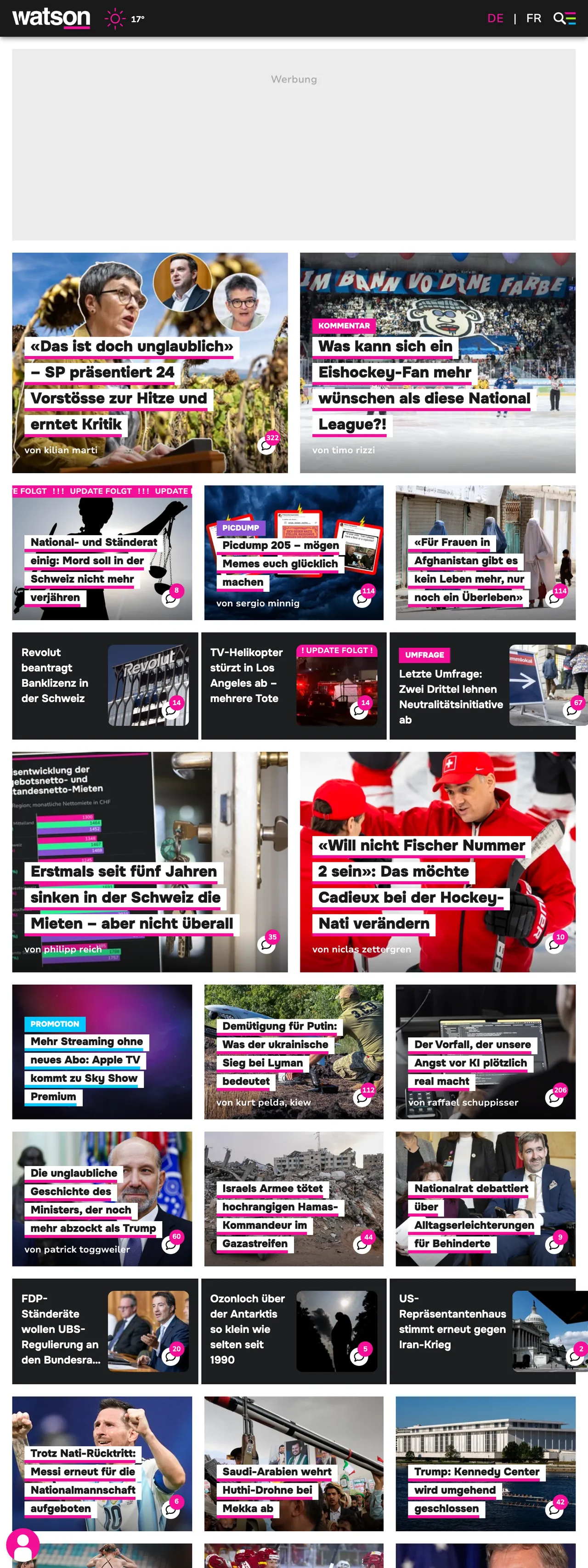 Screenshot of the watson front page