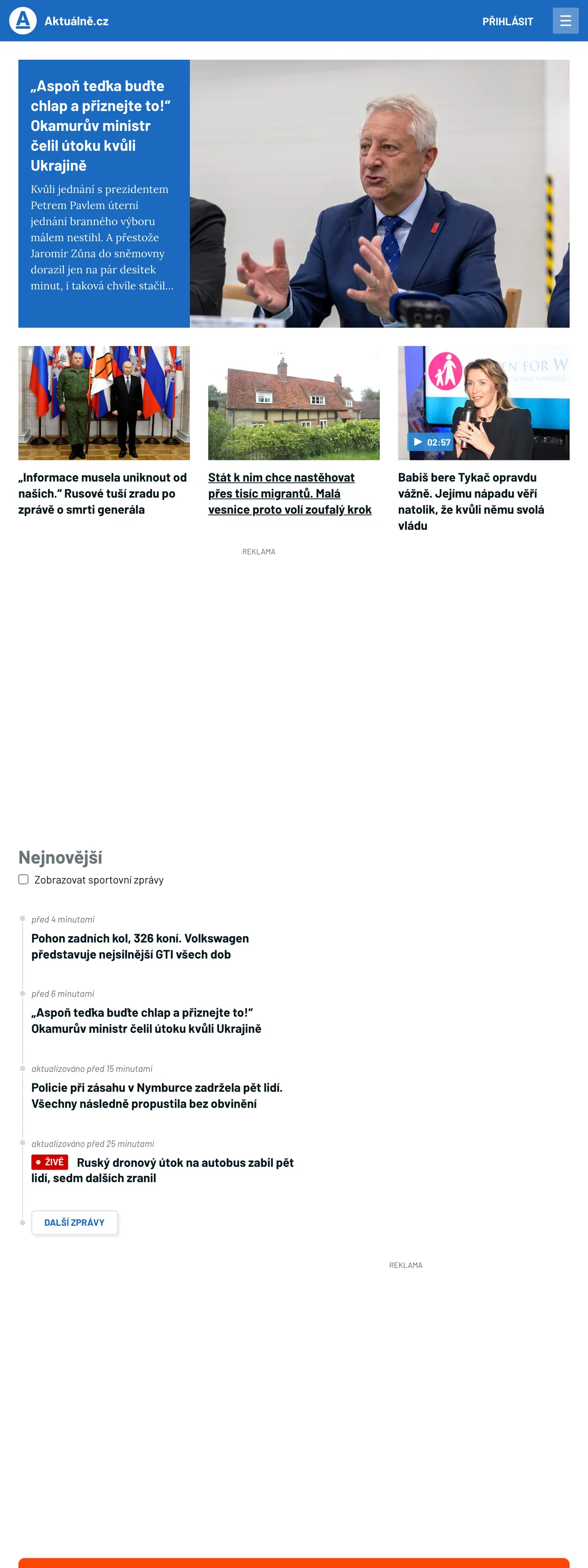Screenshot of the Aktuálně.cz front page