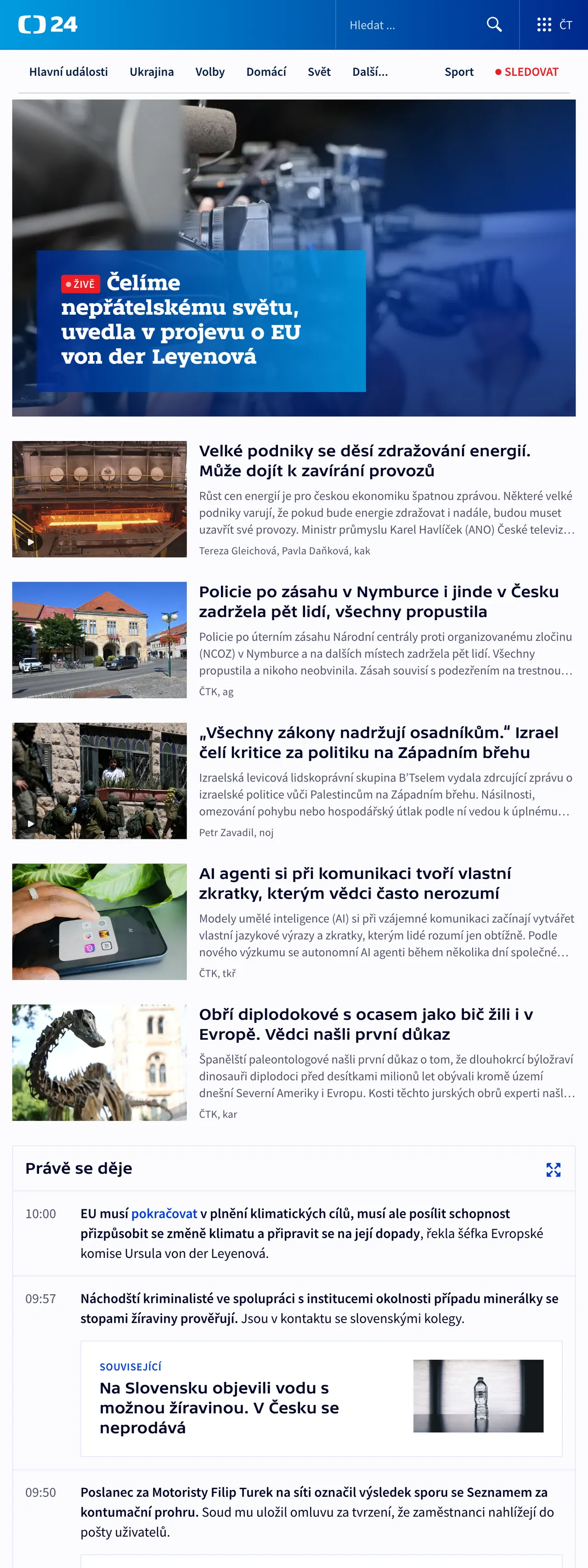 Screenshot of the ČT24 front page