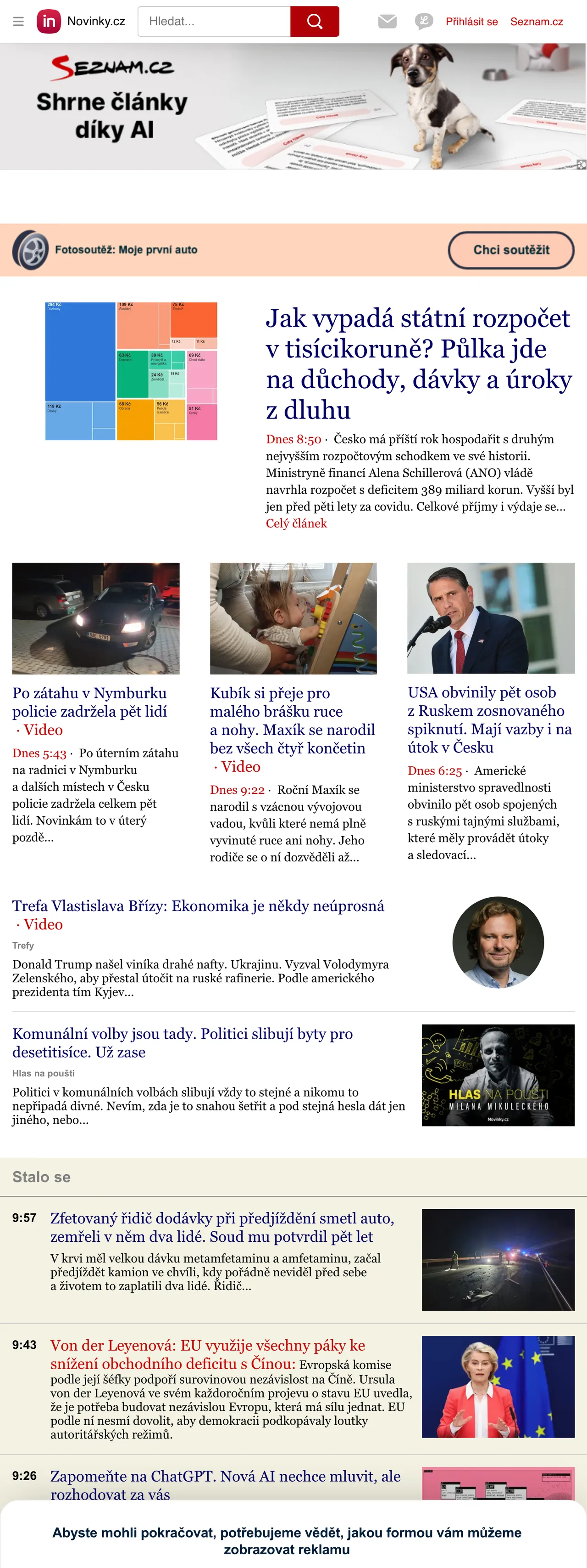 Screenshot of the Novinky.cz front page